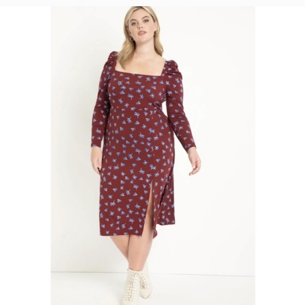 Eloquii Burgundy Floral Long Sleeve Midi Dress with Blue Print